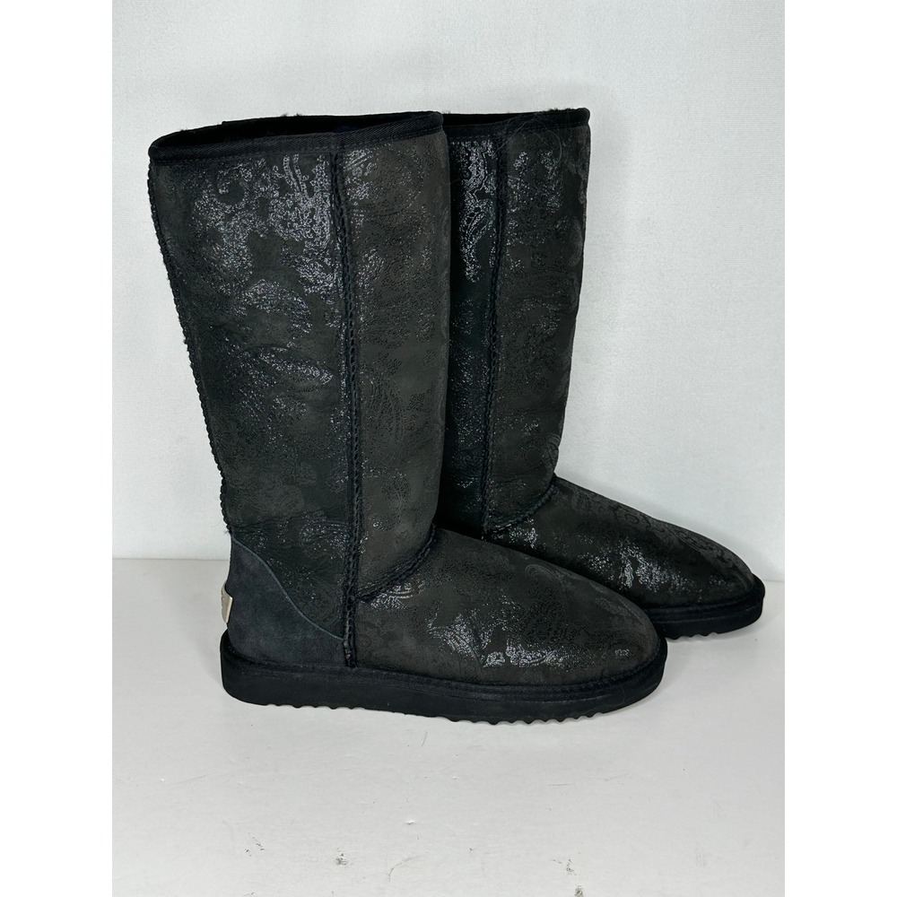 UGG Australia Classic Tall Paisley Metallic Black Sheepskin Boots 5852 Womens 8